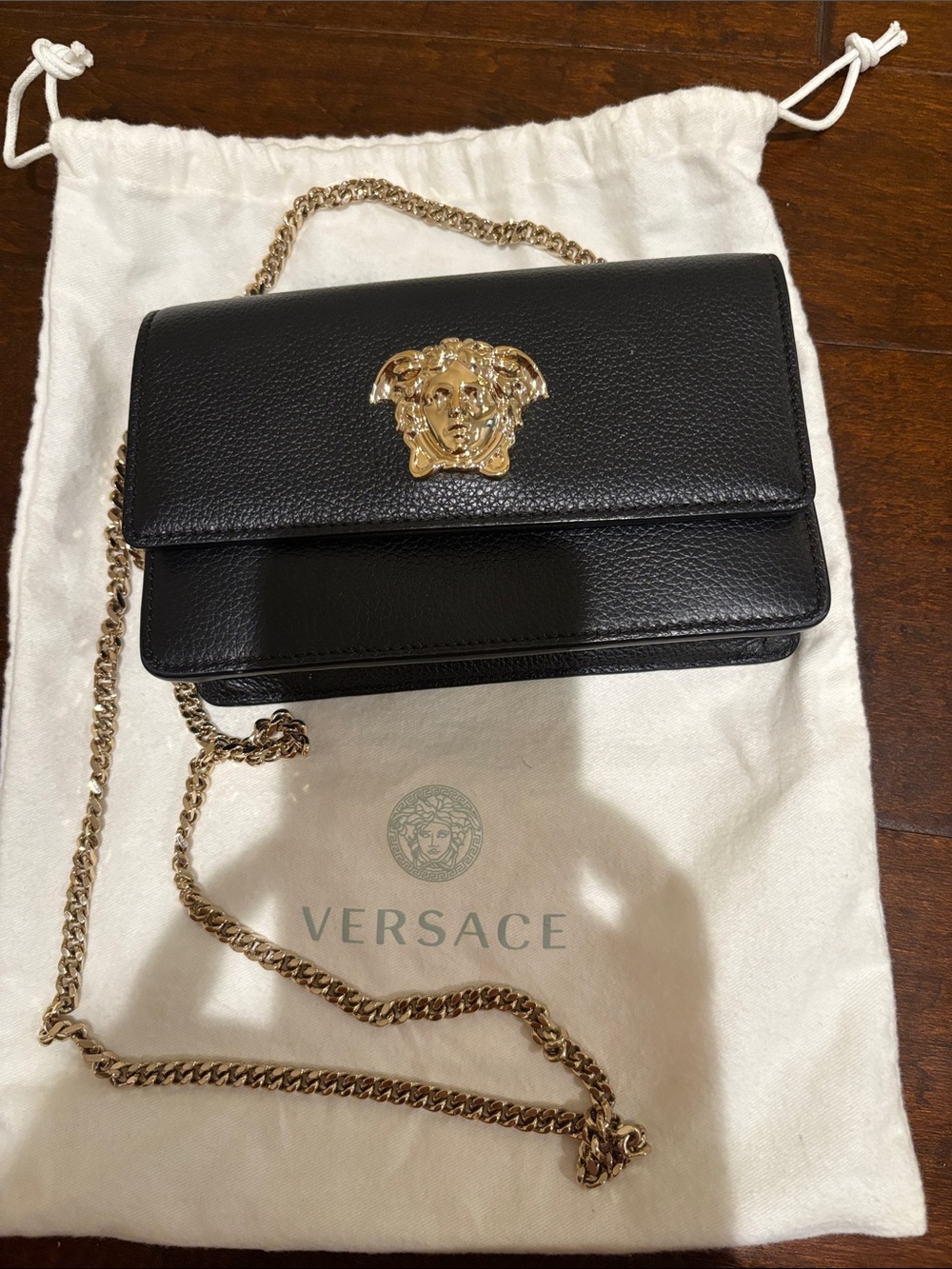 Versace Black Leather Crossbody with Gold Medusa Accent